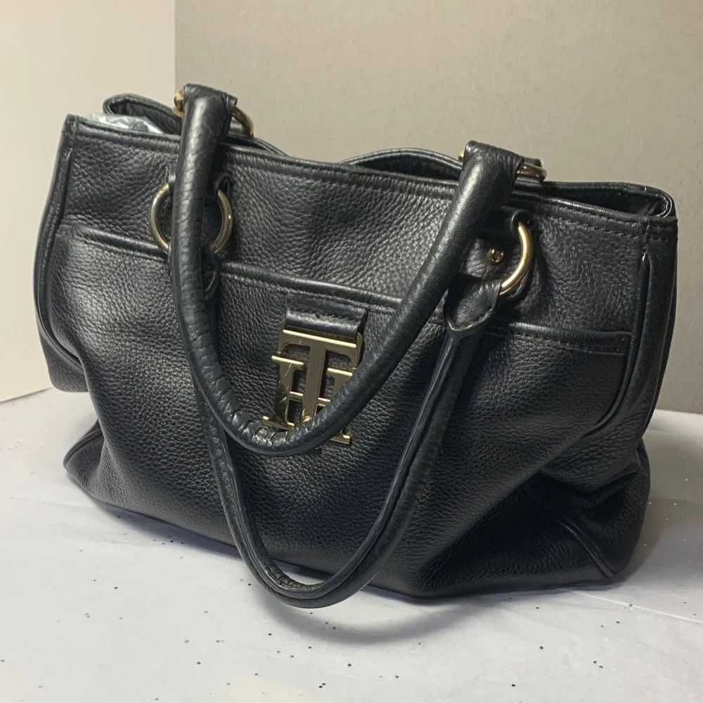 Tommy Hilfiger Black Soft Leather Satchel with Gold Logo and Hardware